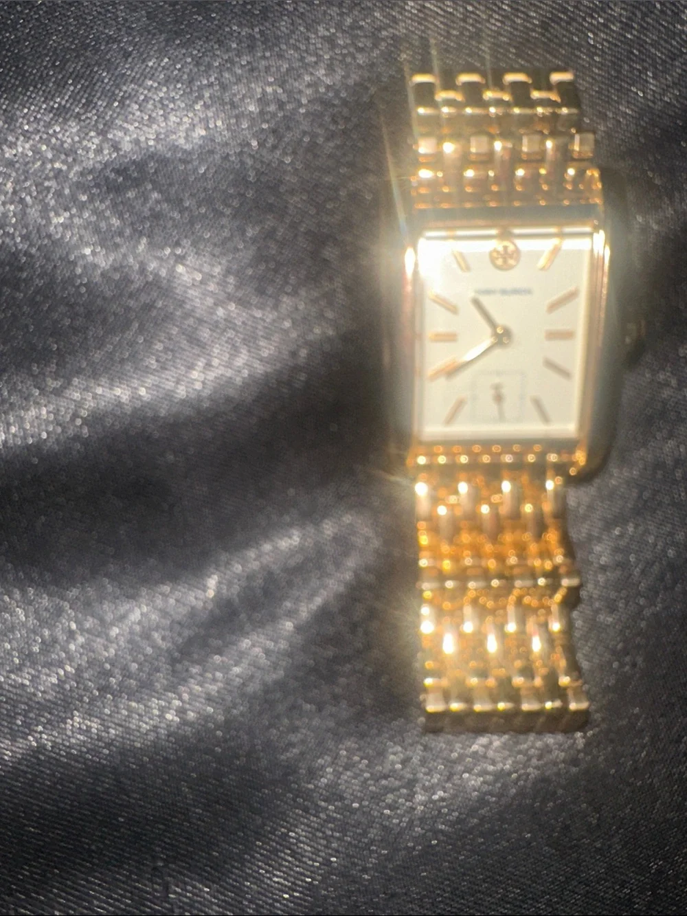 Tory Burch Gold Tone Rectangular Bracelet Watch with Ivory Dial